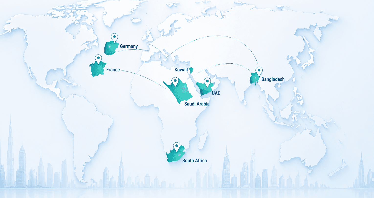 Global markets highlighted on world map: Germany, France, Kuwait, Saudi Arabia, UAE, Bangladesh, South Africa