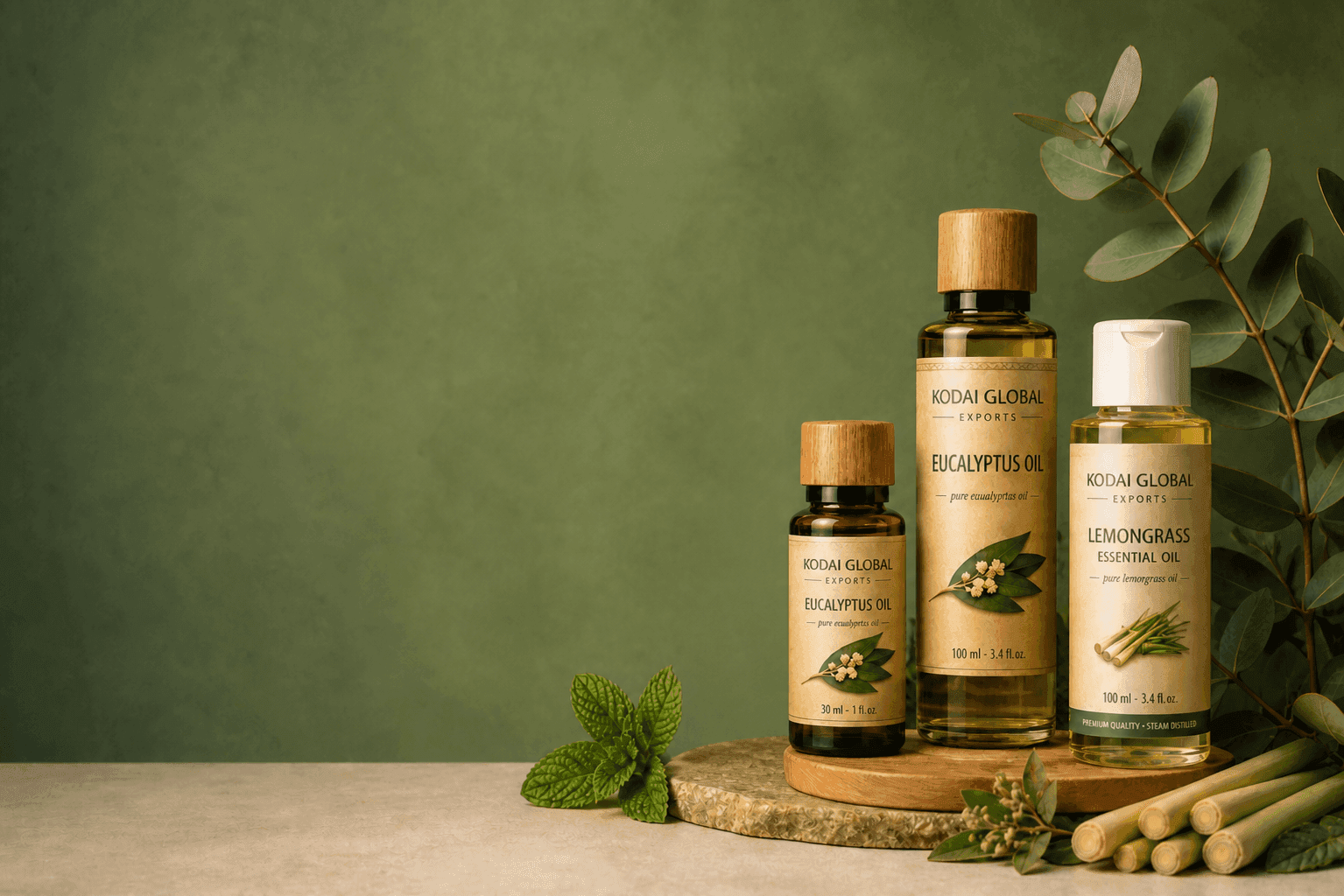 Collection of Kodai Global Exports premium essential oils